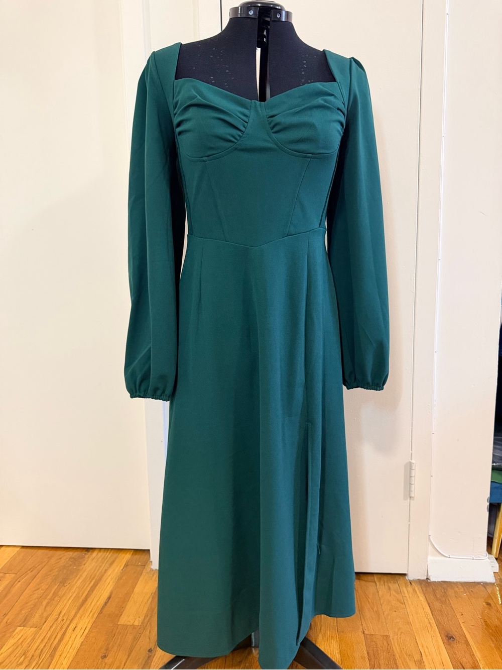 Long Sleeve Teal Midi Dress with Sweetheart Bodice